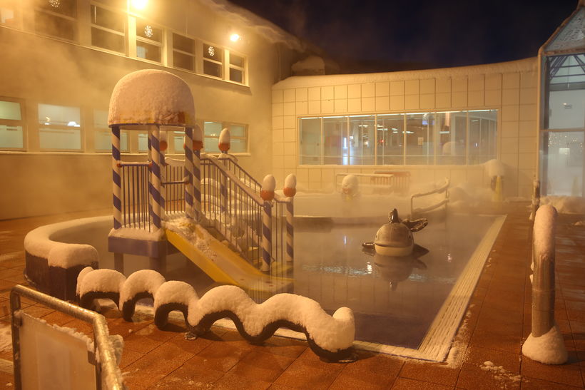 Akureyri swimming pool with a dusting of snow.