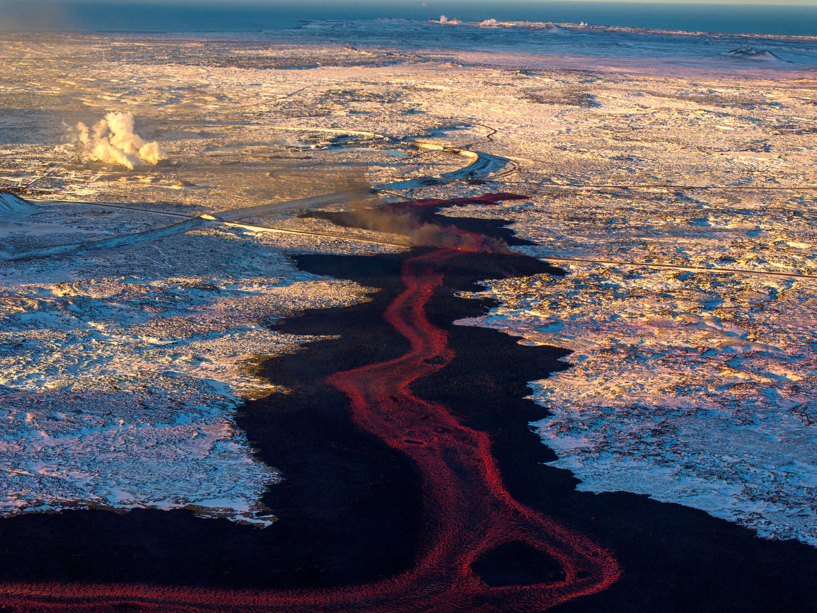 The lava is mostly flowing in one channel.