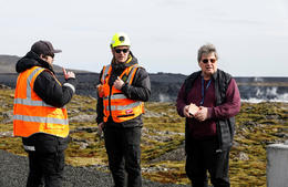 Volcanologist Þorvaldur Þórðarson (right) on the Reykjanes Peninsula in April.