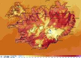 The Icelandic Meteorological Office's temperature forecast for 5 PM on Tuesday.