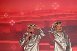 Icelandic brothers that called themselves VÆB representing Iceland with the song "Róa" performs during the first semi-final of the Eurovision Song Contest 2025, at the St. Jakobshalle arena in Basel on May 13, 2025. [Credit: AFP]