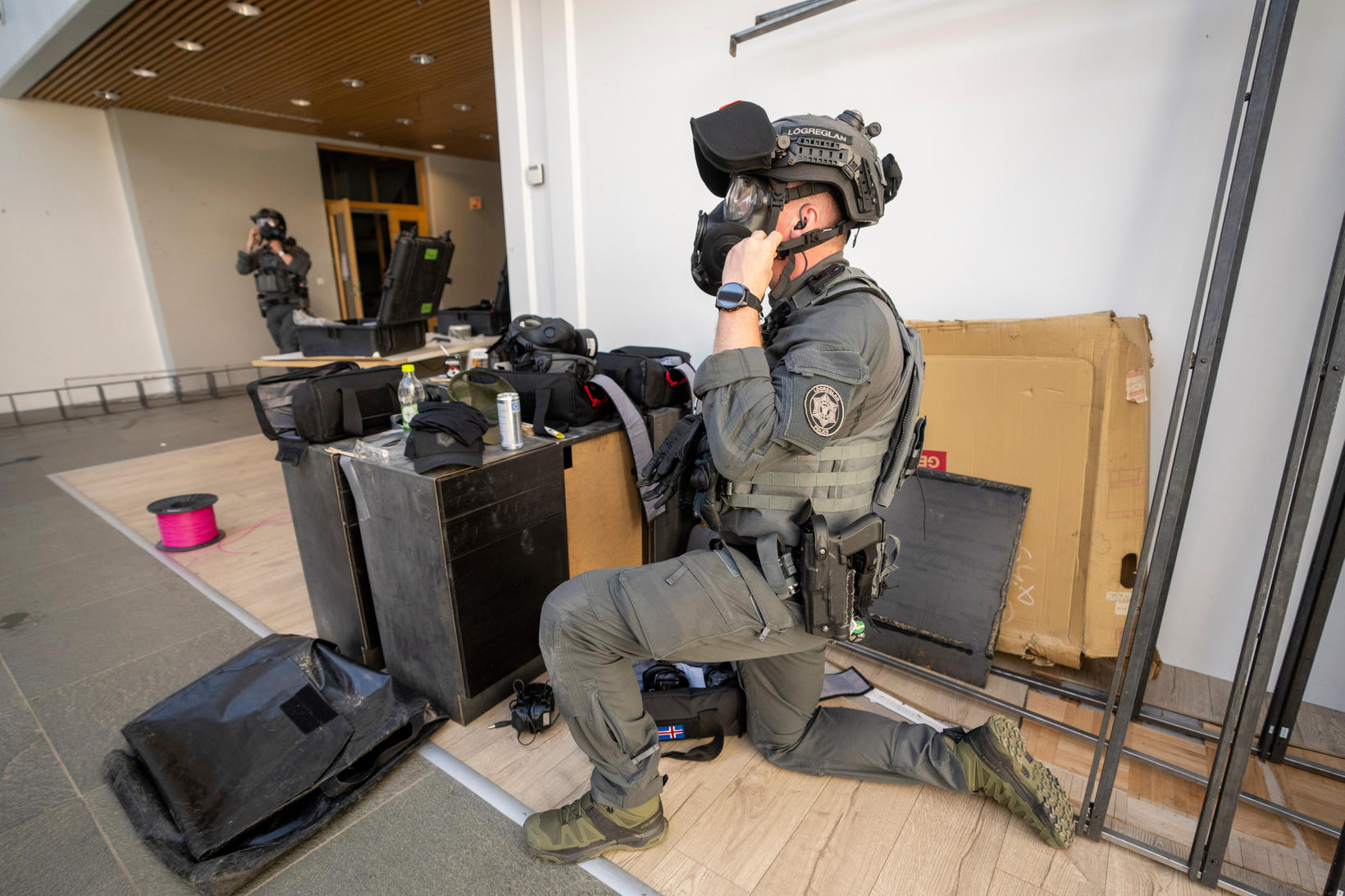 Special forces in the old Morgunbladid house during a bombing exercise.