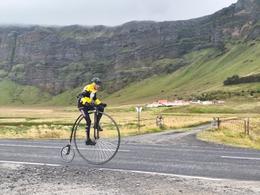 The Czech Ivan Burkert on his unusual mount, cycling across countries to support children with cancer.