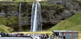 Seljalandsfoss waterfall is a popular stop for tourists in South Iceland.