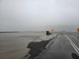 The Ring Road near Jökulsá í Lón, just east of Höfn, was washed out this morning, leaving a 50-meter section destroyed.