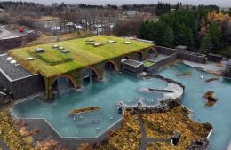 There are plenty of benches in the upper section of the lagoon, which is on the left side of the picture. Guests walk down a staircase and through a waterfall when going to the lower section.