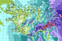 This is the Icelandic Meteorological Office's wind forecast for Iceland at 9am tomorrow. Amy, currently south of Iceland, is heading northeast.