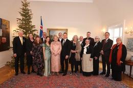 The presidential couple together with the recipients of the Order of the Falcon today.