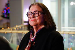 Inga Sæland, leader of the People's Party, at the press conference this morning.