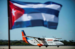 An aircraft loaded with powdered milk from Cubans living in the United States at José Martí International Airport in Havana.