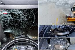 Snowplows can throw large amounts of snow, slush, and ice. At least two cars were damaged, and it was fortunate the incident was not more serious.