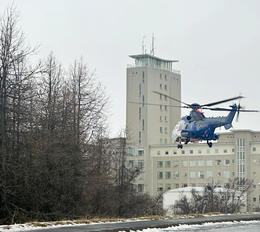 A Coast Guard helicopter is seen here landing at Landspítali Hospital in Fossvogur shortly after 4:00 p.m. yesterday.