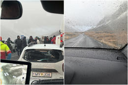 Rúður brotnuðu í tugum bíla við Hvalnes