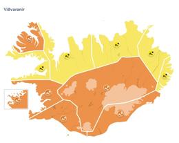 Appelsínugular viðvaranir á stórum hluta landsins