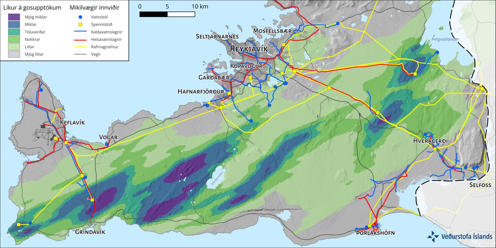 Líkur á gosupptökum samkvæmt skýrslu Veðurstofu. Ath. að vegir eru …
