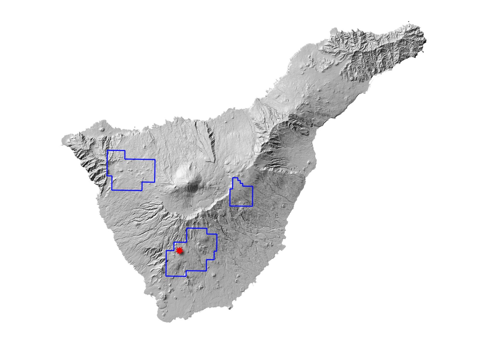 Kort af Tenerife sem sýnir rannsóknarsvæðin þrjú, sem eru merkt …