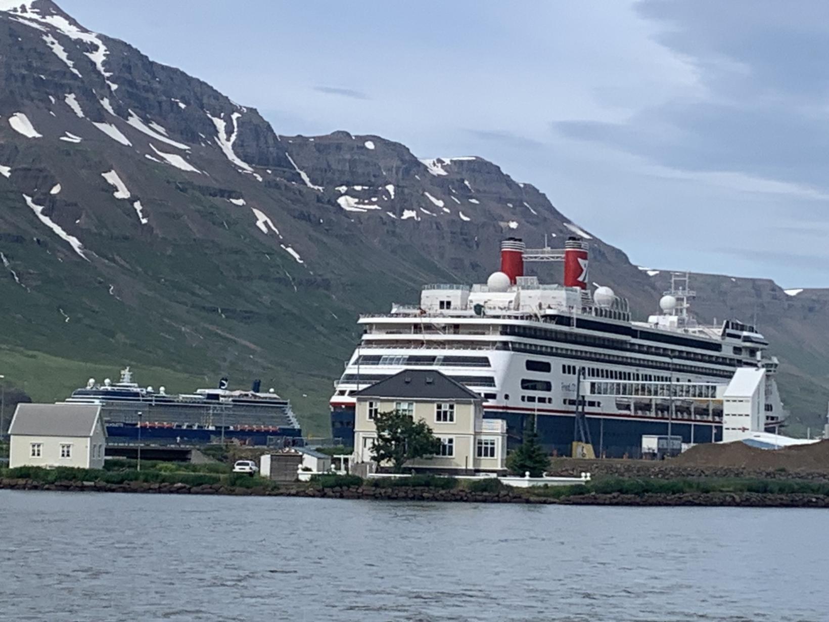 Skemmtiferðaskip lagst að höfn í Seyðisfirði.