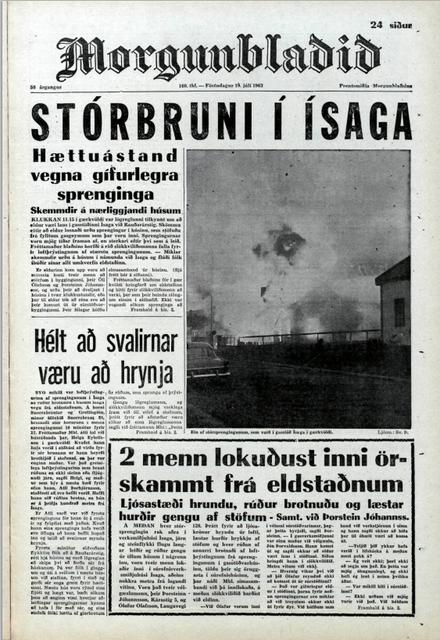 Forsíða Morgunblaðsins morguninn eftir að gasstöðin í Ísaga brann 1963.