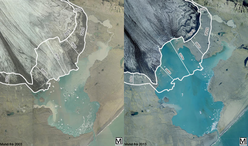 The glacier has receded huge distances in just ten years …