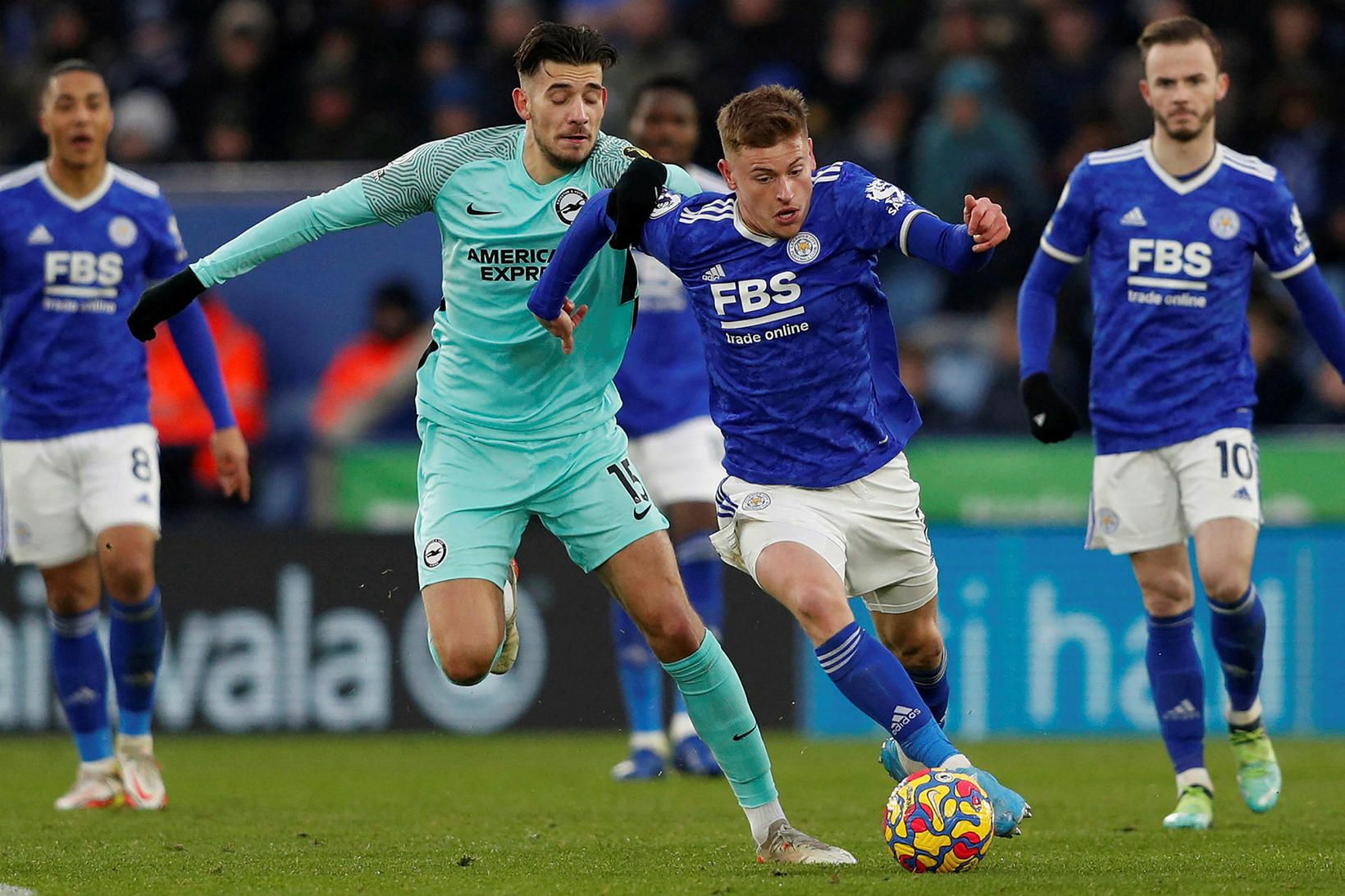 Harvey Barnes skoraði eitt marka Leicester í kvöld.