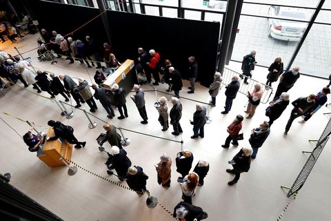 Standing in line for vaccination at Laugardalshöll, Reykjavík.