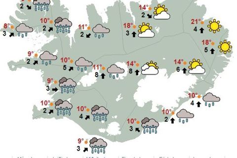 Typical weather map for Iceland from June 29th, showing rain in the west and south and sunshine in the northeast and east.