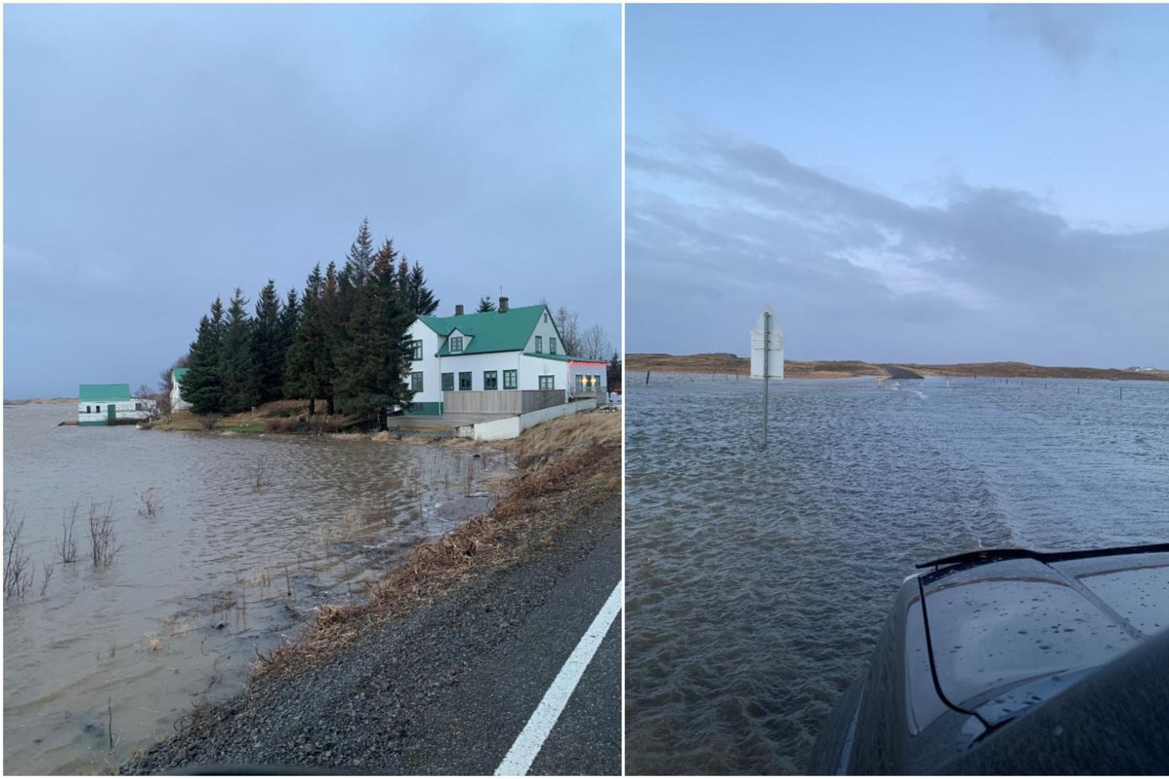 Hvítá flæddi yfir bakka sína í nótt.