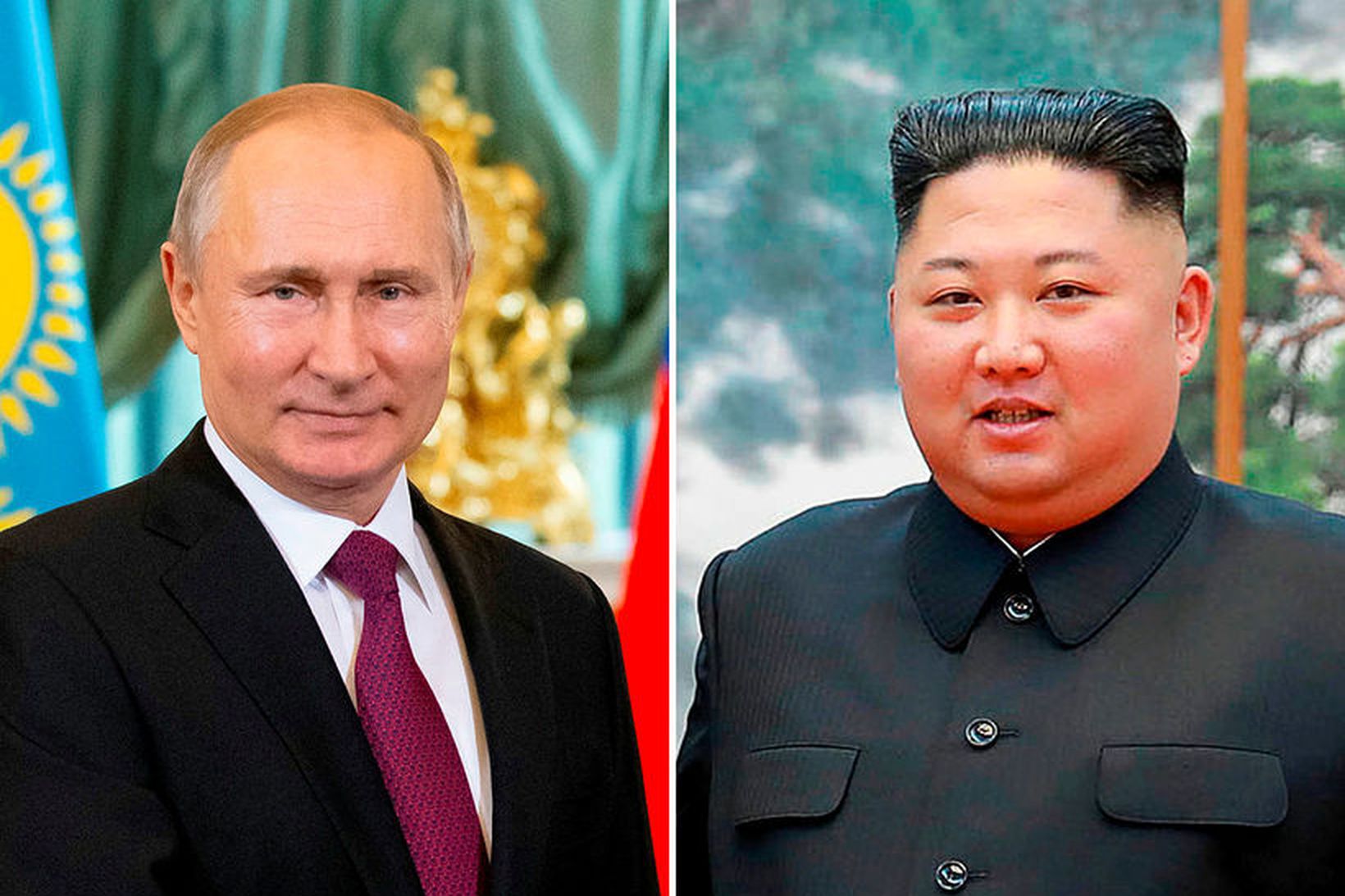 Vladimír Pútín Rússlandsforseti og Kim Jong-un, leiðtogi Norður-Kóreu, hittast á …