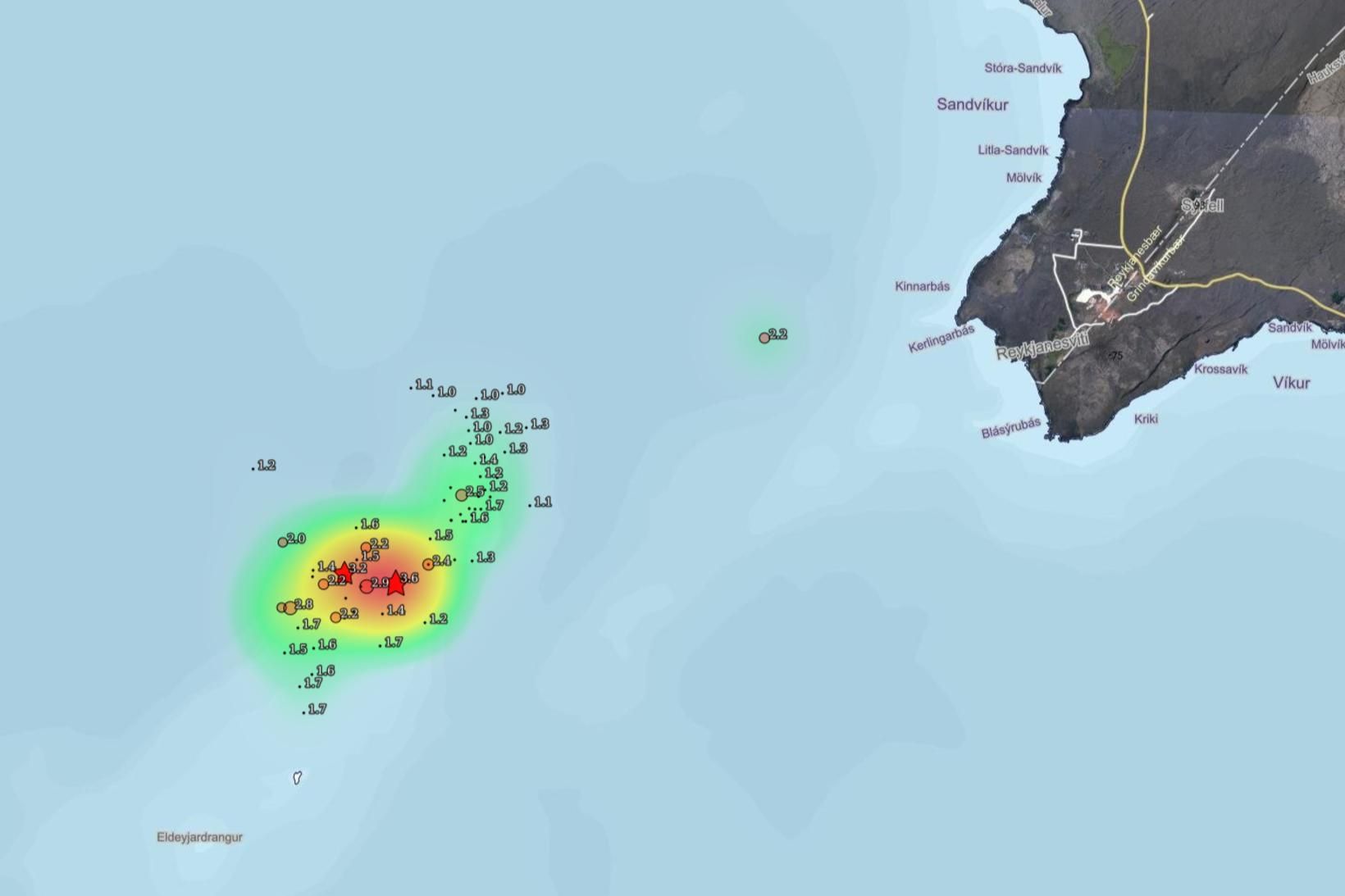 Skjálftar síðasta sólahringinn við Eldey á Reykjaneshrygg.