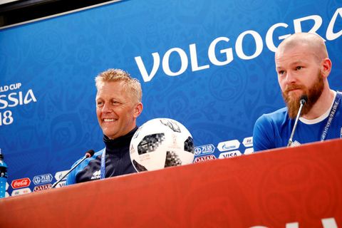 Heimir Hallgrímsson and Aron Einar Gunnarsson at a press conference in Volgograd arena this morning.