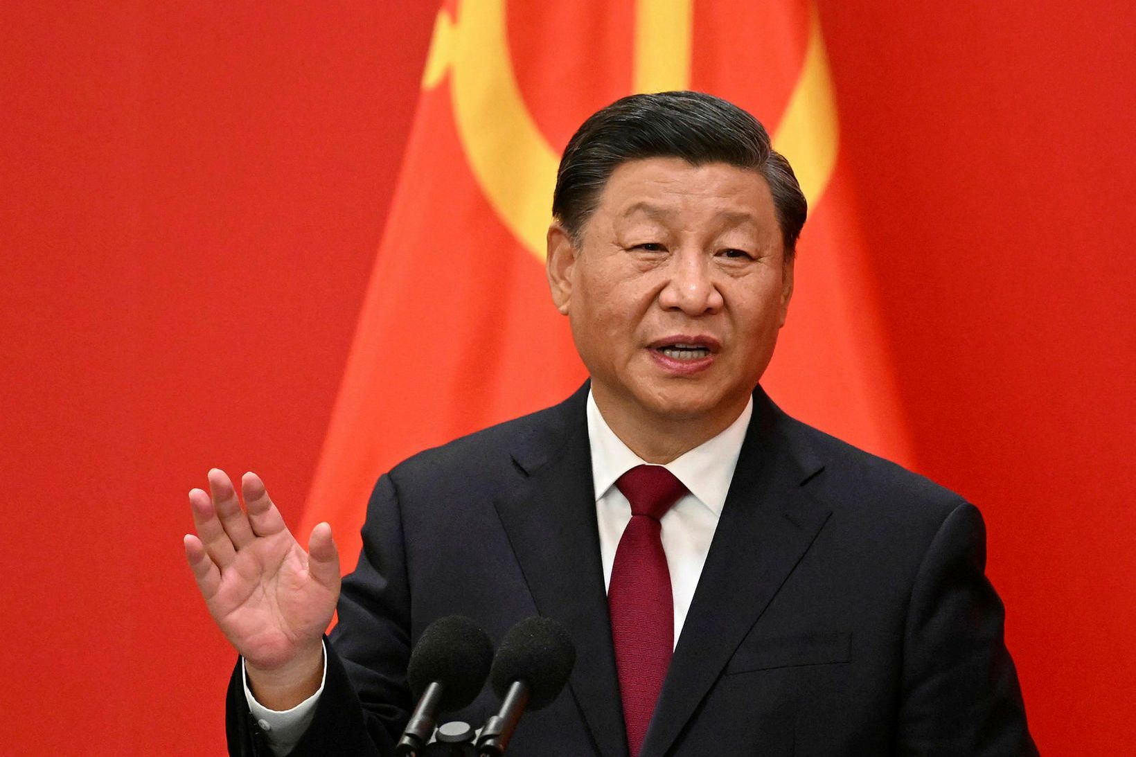 Xi Jinping er hann flutti ræðu sína í morgun.