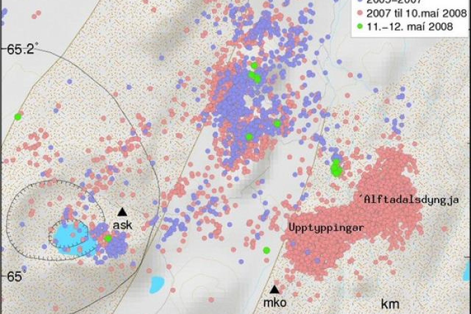 Jarðskjálftar við Upptyppinga undanfarin misseri. Kortið er tekið af vef …