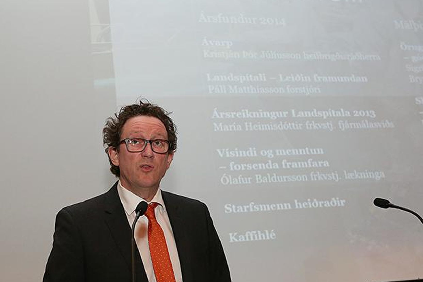 Kristján Þór Júlíusson heilbrigðisráðherra á ársfundi Landspítalans í dag.