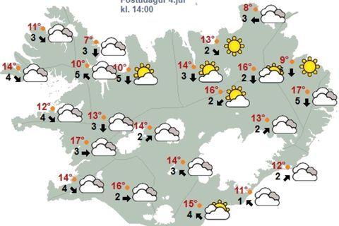 Kort Veðurstofu Íslands klukkan 14 í dag.