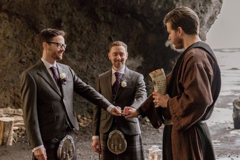 Pagan chieftain Haukur Bragason weds Scottish gay couple Paul and Marc Aitken at Hjörleifshöfði.