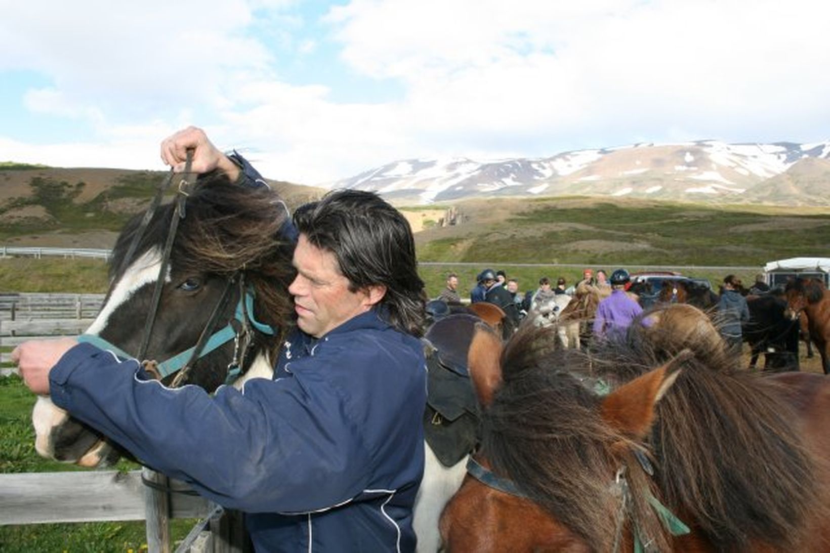 Heimir Ásgeirsson, gangnaforingi í Grýtubakkahreppi, beislar hest sinn, en hóf …