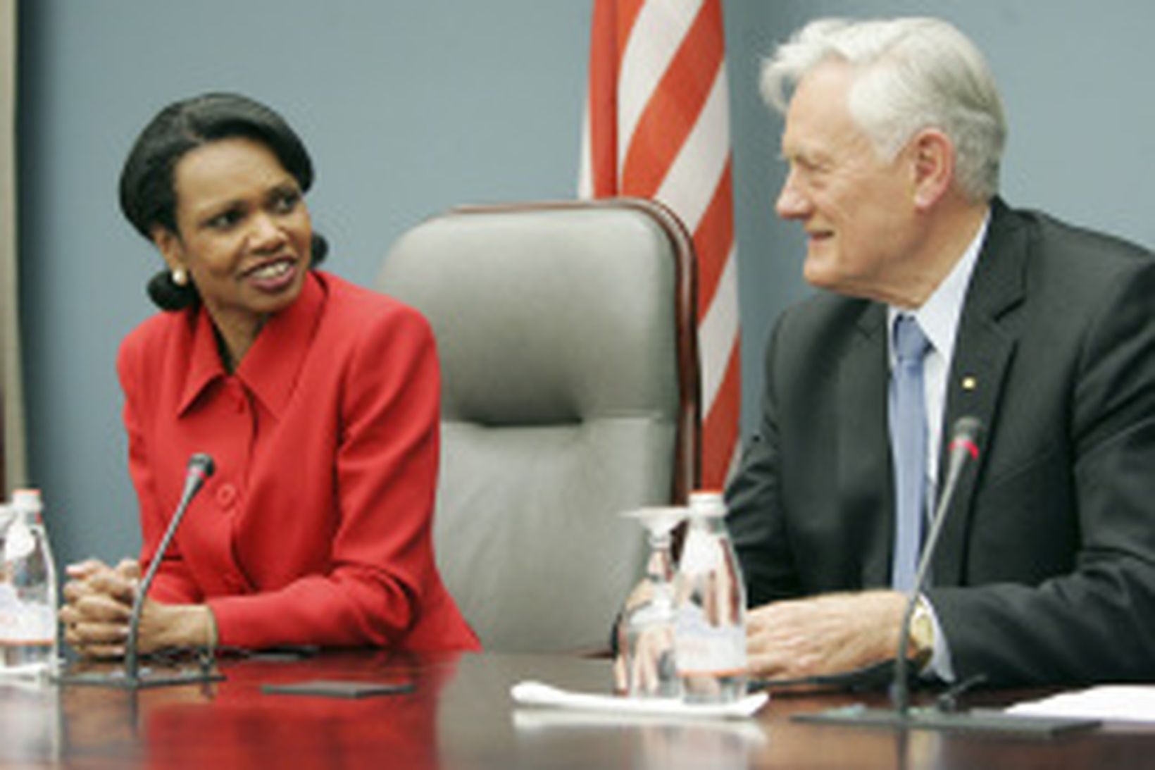 Condoleezza Rice og Valdas Adamkus, forsætisráðherra Litháens, á blaðamannafundi í …