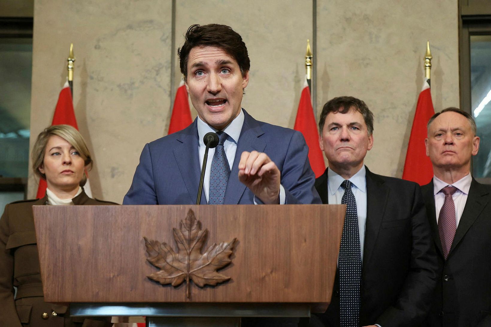 Trudeau gagnrýndi Trump harðlega á blaðamannafundinum í dag.