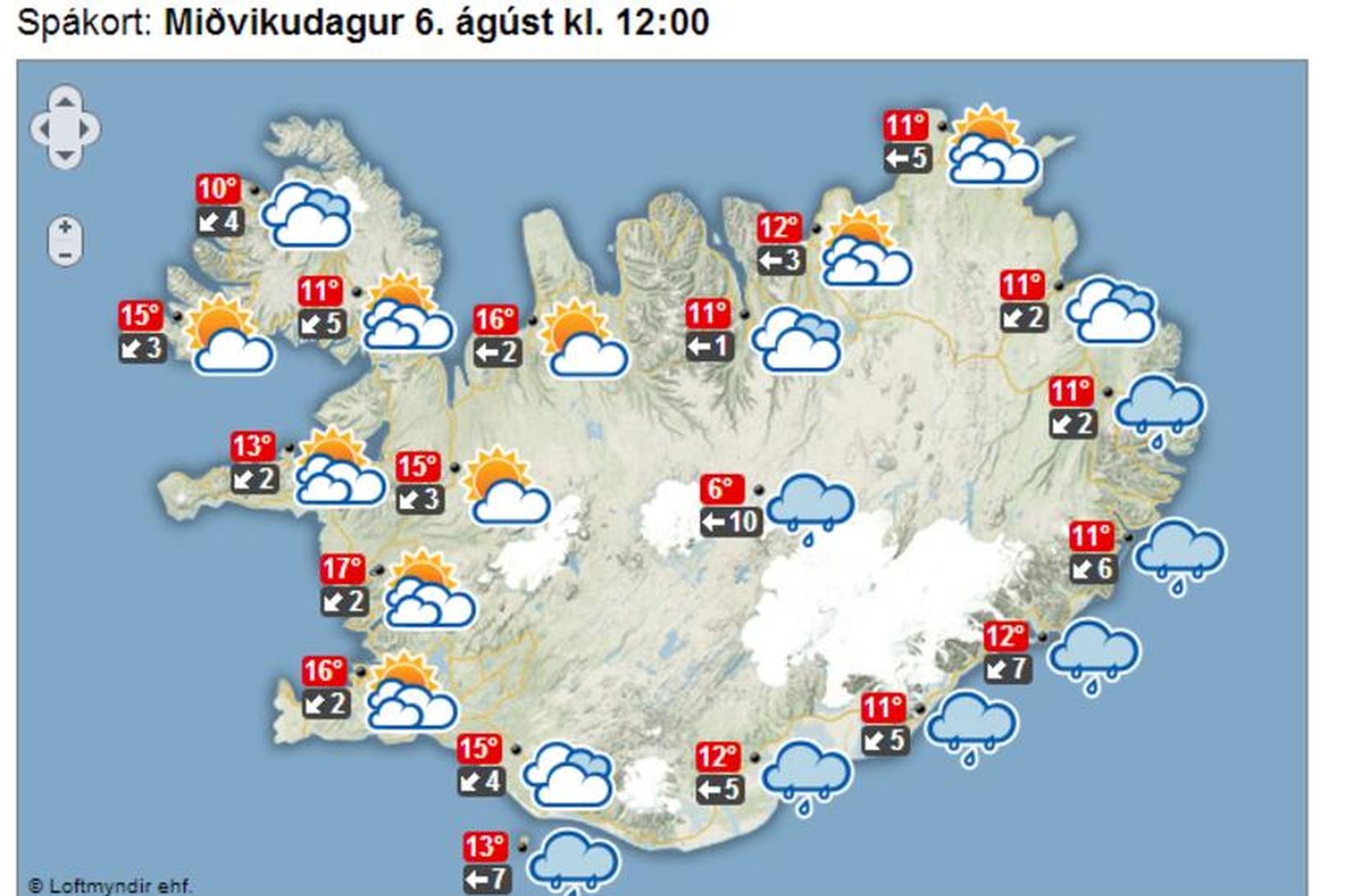 Á hádegi á morgun verður nokkuð hlýtt, 16 gráður, í …