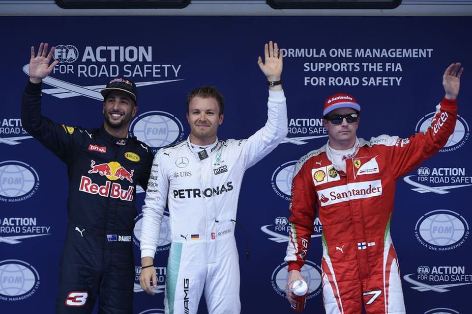 Fyrstu þrír í tímatökunni í Sjanghæ (.v.): Daniel Ricciardo, Nico Rosberg og Kimi Räikkönen.