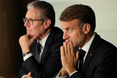 Keir Starmer og Emmanuel Macron sóttu fjarfund bandalags hinna viljugu þjóða fyrr í dag.