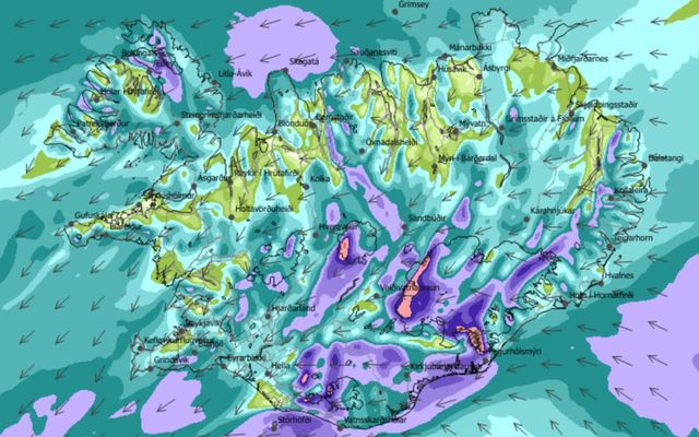 Vindaspá Veðurstofunnar klukkan 12 á hádegi í dag.