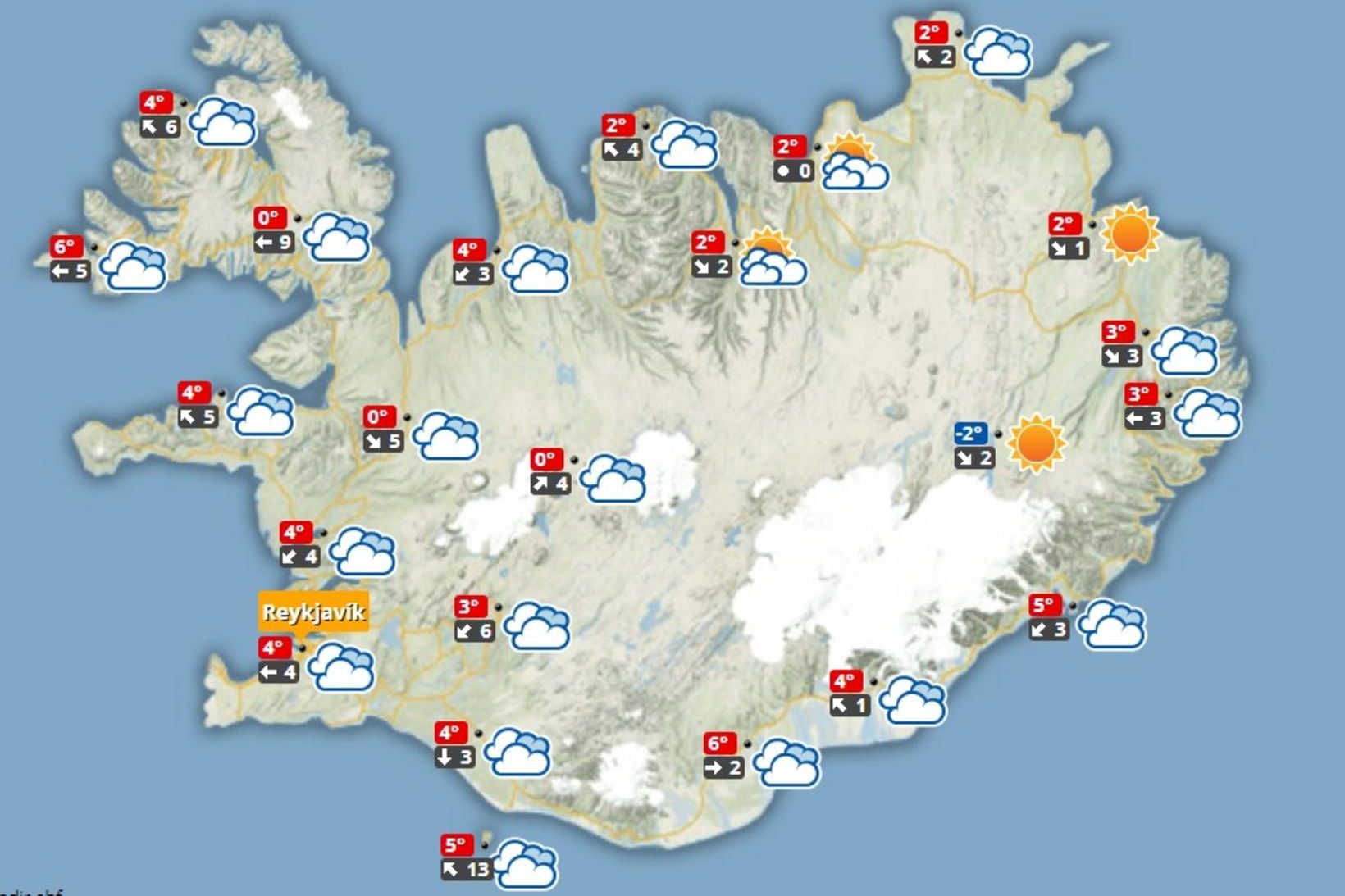 Veðurspáin á hádegi í dag.