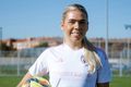 Madrid CFF Ásdís Karen Halldórsdóttir stillir sér upp fyrir myndatöku á æfingasvæði spænska liðsins í spænsku höfuðborginni fyrr í mánuðinum.