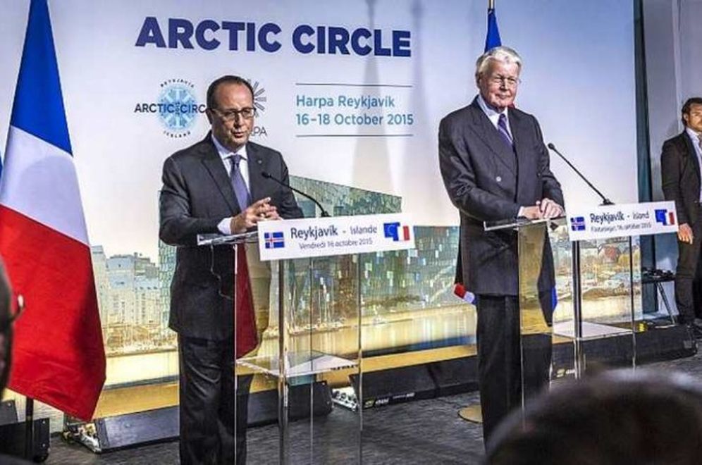 The Presidents of France and Iceland addressing the Arctic Circle conference.