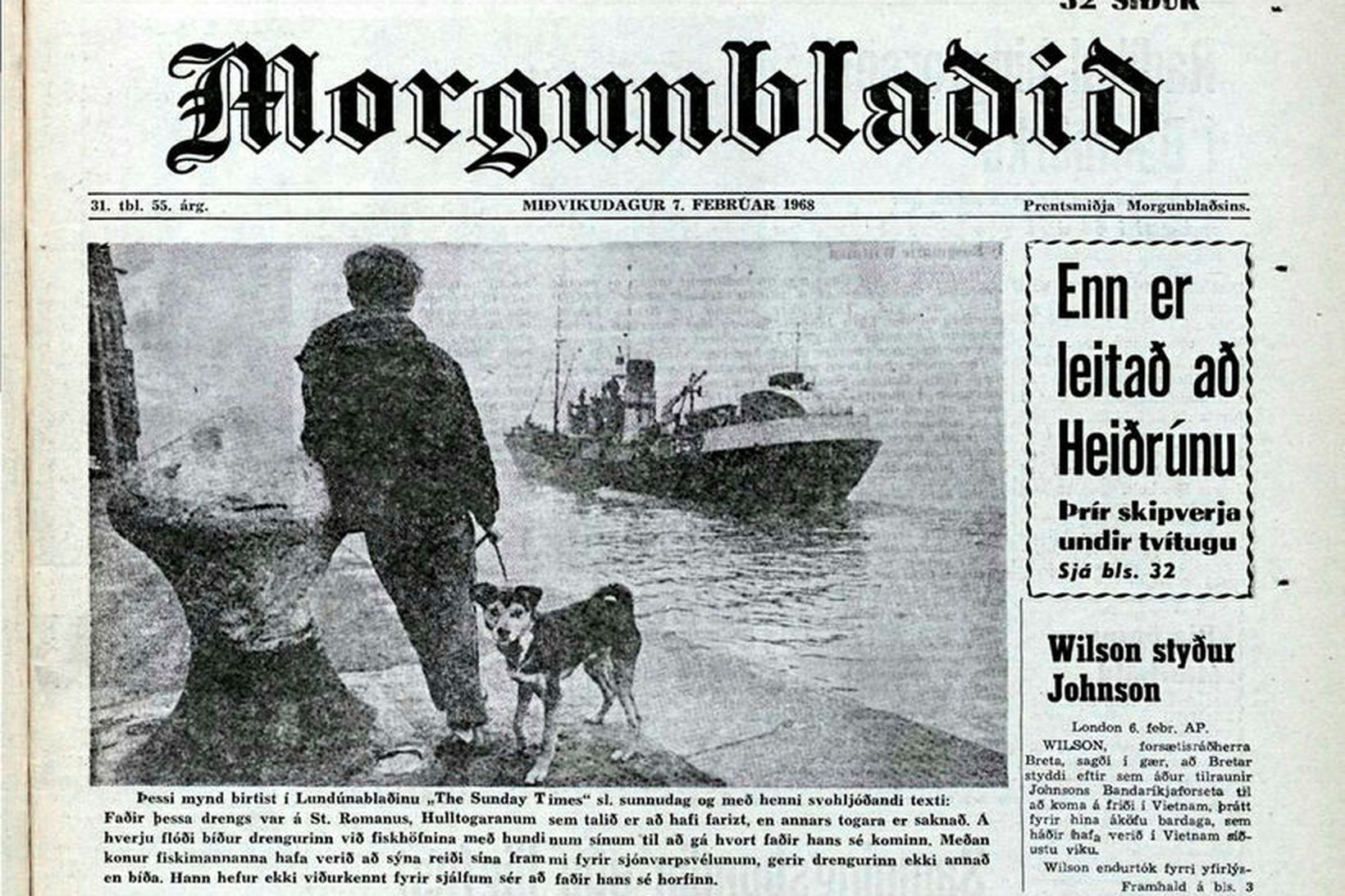 Forsíða Morgunblaðsins 7. febrúar 1968 með viðtali við skipbrotsmanninn Harry …