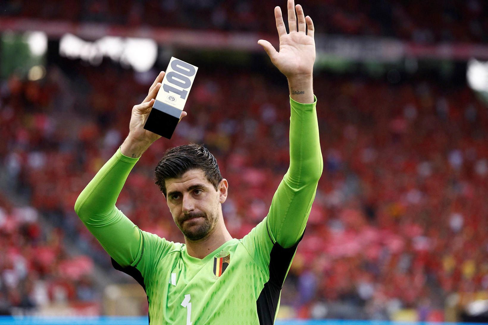 Thibaut Courtois spilaði sinn hundraðasta leik með belgíska landsliðinu í …