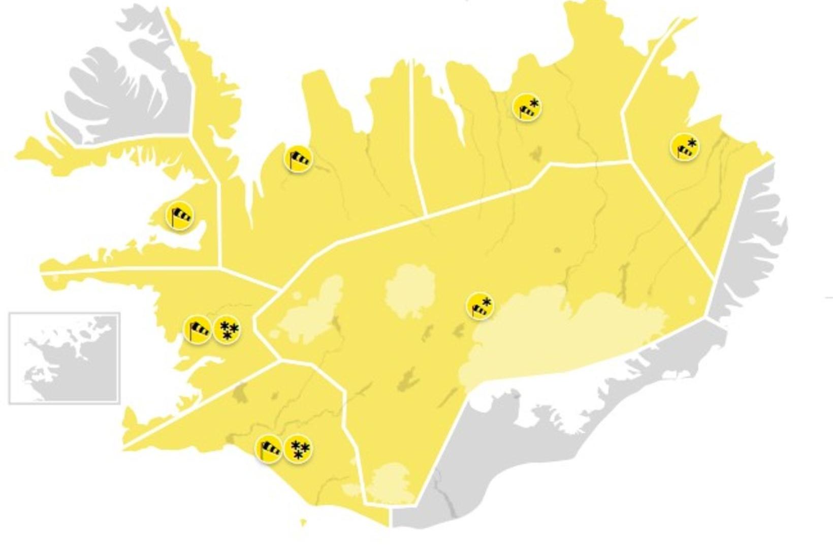 Gul viðvörun fyrir nær allt landið
