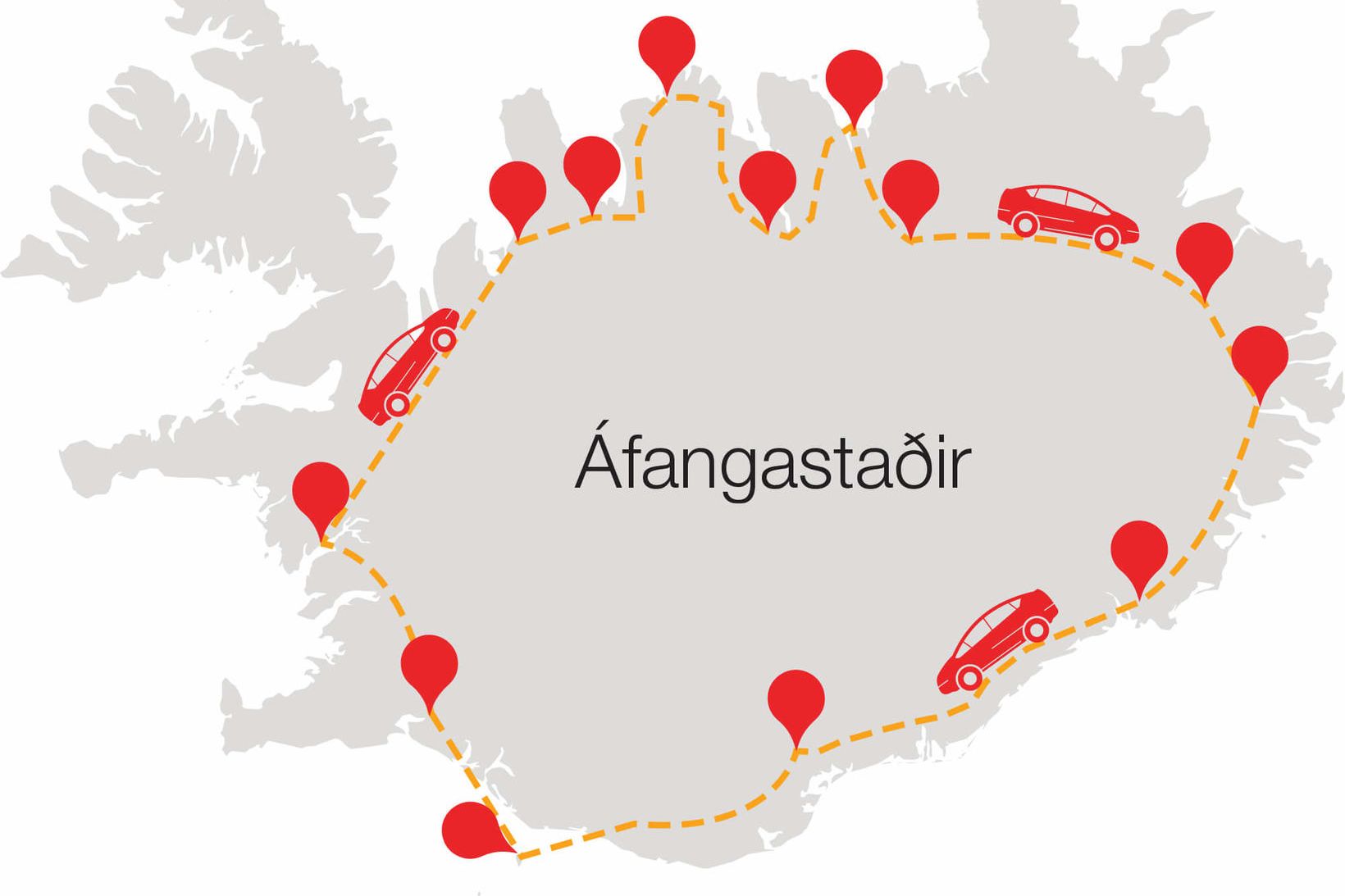 Áfangastaðir Heklu-bílanna í hringferðinni.