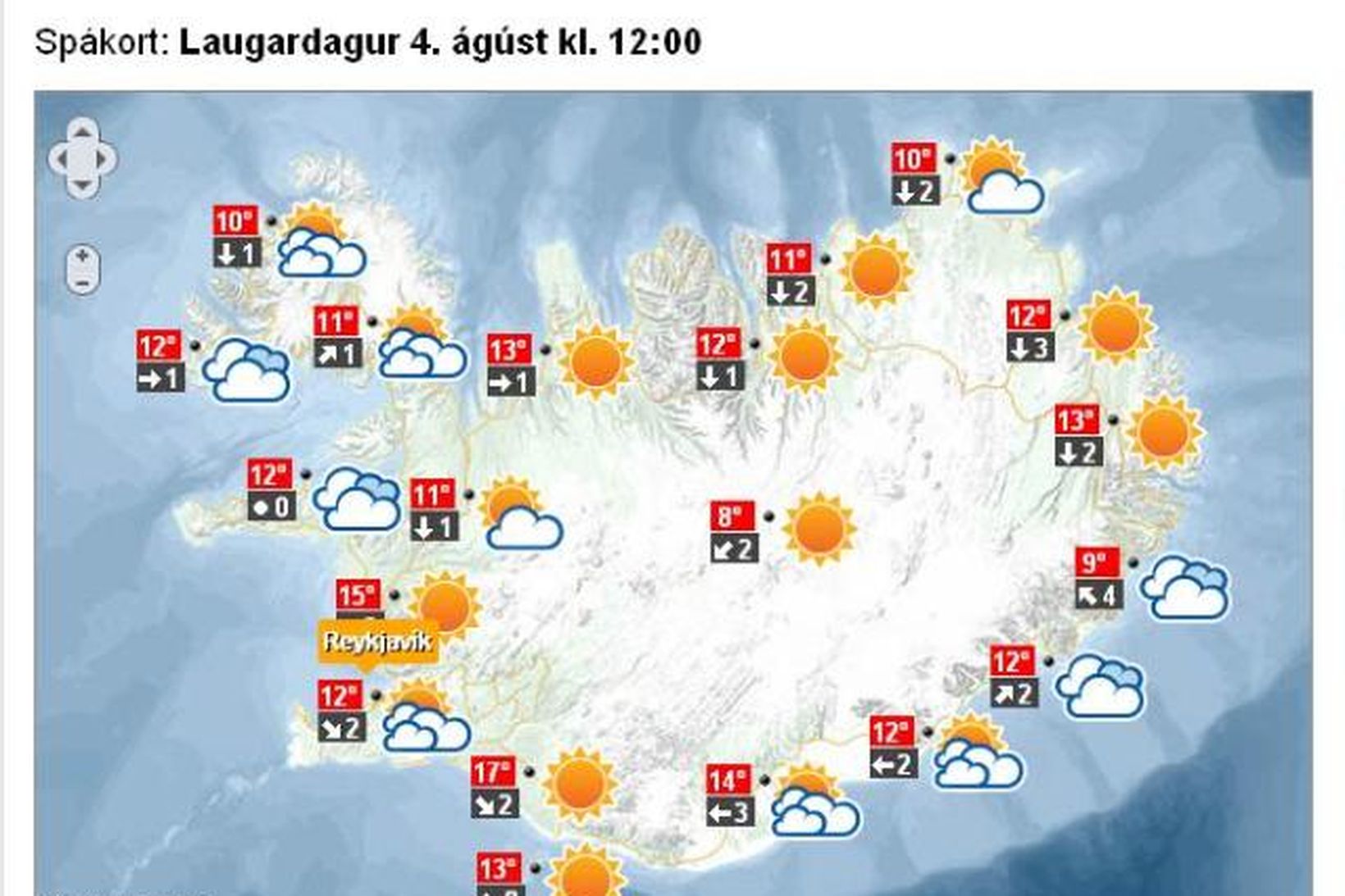 Veðurspá klukkan 12 á hádegi á morgun af veðurvef mbl.is.